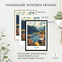 Odda Travel Print displayed in handmade wooden frames showcasing natural, white, and black options for wall art.