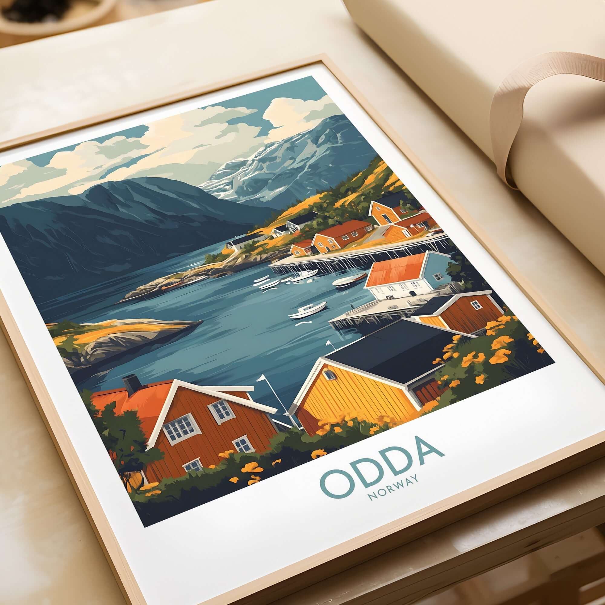 Odda Travel Print showcasing a scenic Norwegian landscape with colorful houses and a tranquil fjord.