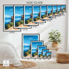 Ohrid Macedonia Travel Print size guide showcasing various frame sizes and styles for the vibrant art print.
