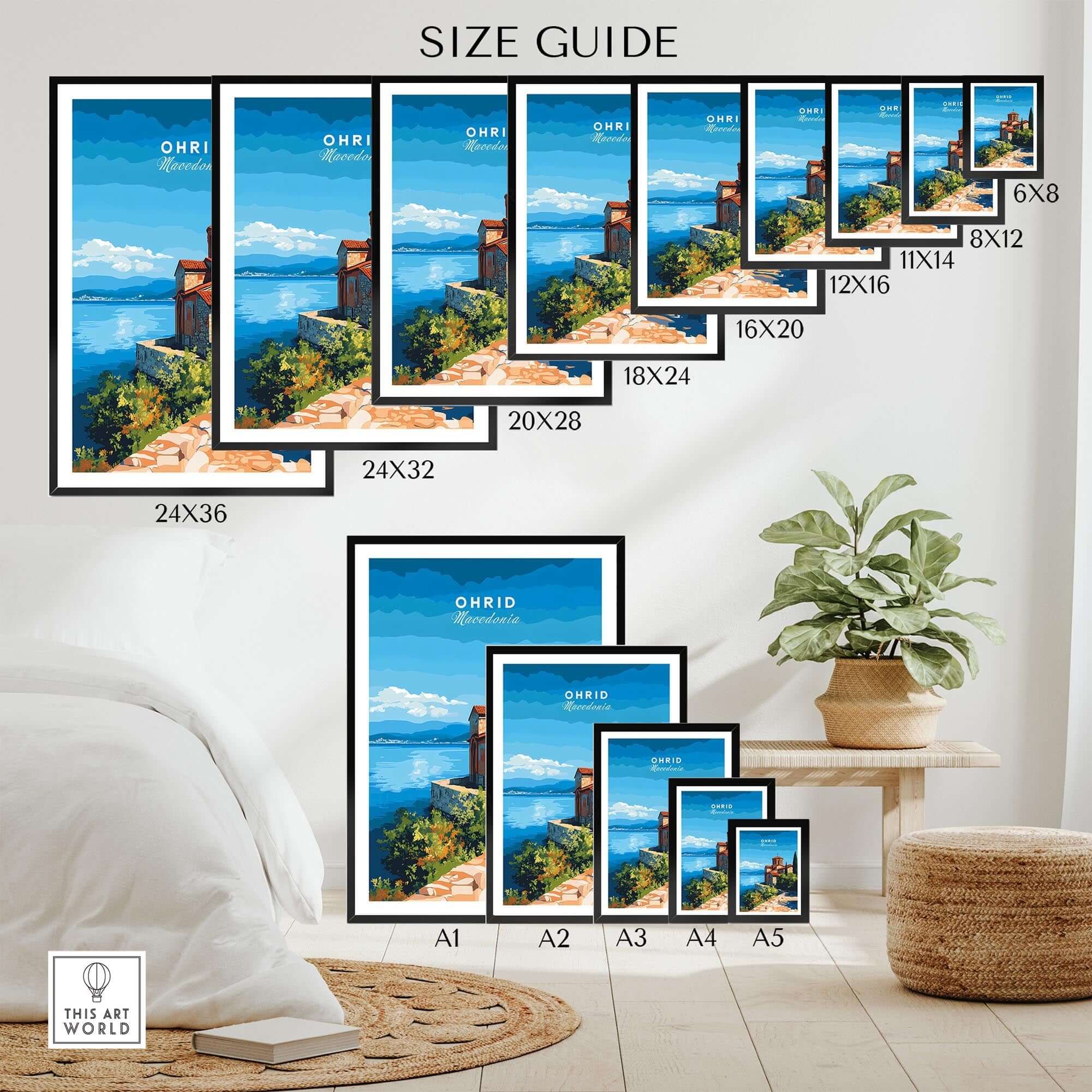 Ohrid Macedonia Travel Print size guide showcasing various frame sizes and styles for the vibrant art print.