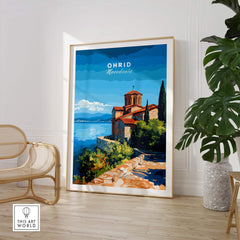 Ohrid Macedonia Travel Print featuring the Monastery Saint Naum by the lake in a vibrant wall art poster.