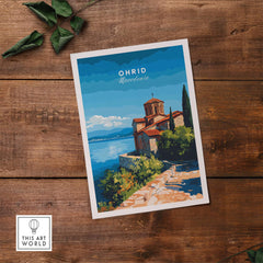 Ohrid Macedonia Travel Print featuring Monastery Saint Naum by the picturesque lake, vibrant wall art poster.