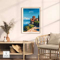 Ohrid Macedonia Travel Print showcasing the scenic lake and Monastery Saint Naum in vibrant colors.