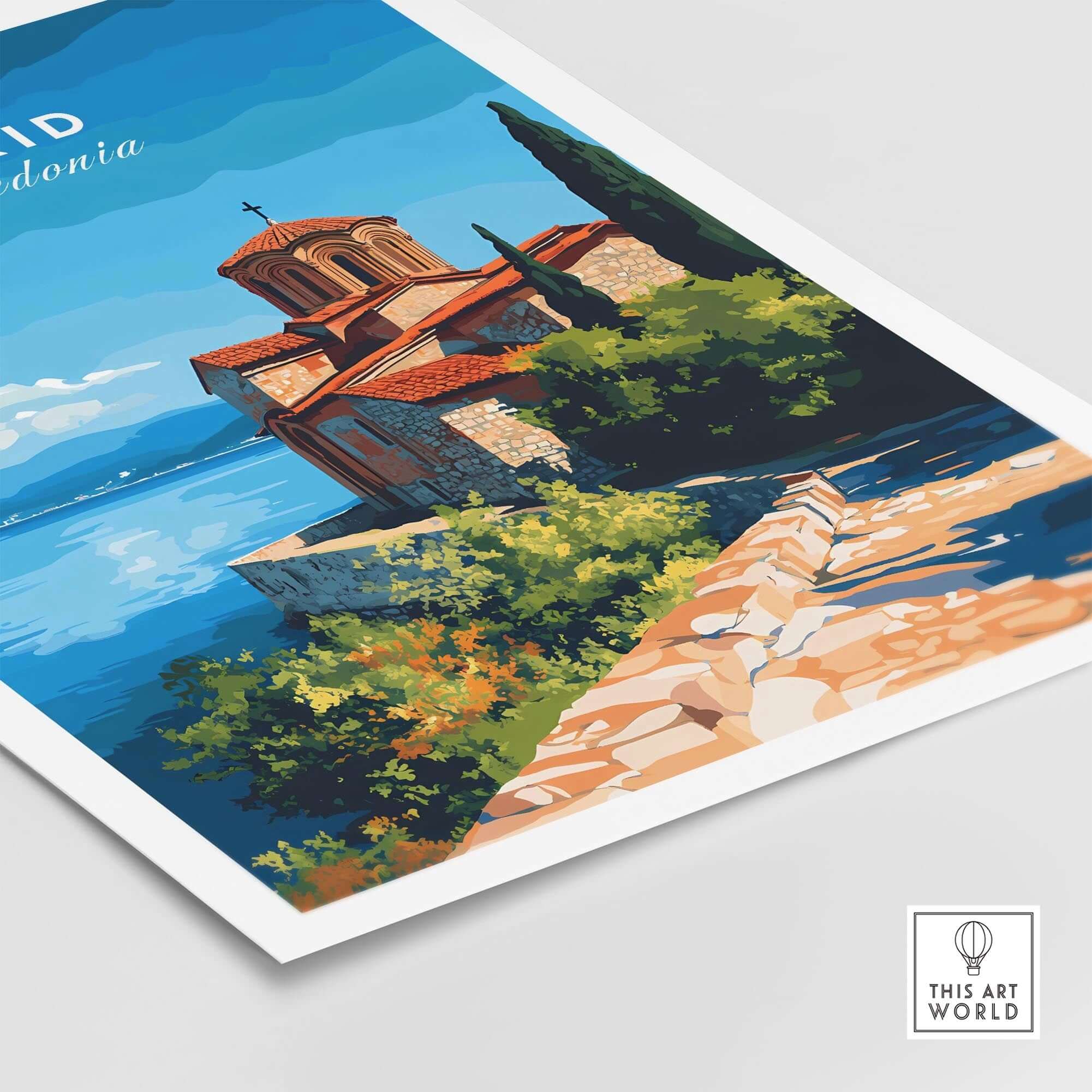 Ohrid Macedonia Travel Print vibrant poster featuring Monastery Saint Naum and picturesque lake views.