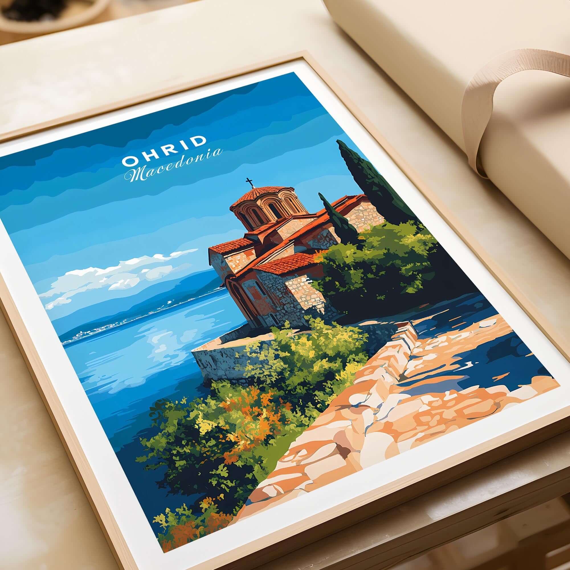Ohrid Macedonia Travel Print featuring Monastery Saint Naum and picturesque lake in vibrant colors.