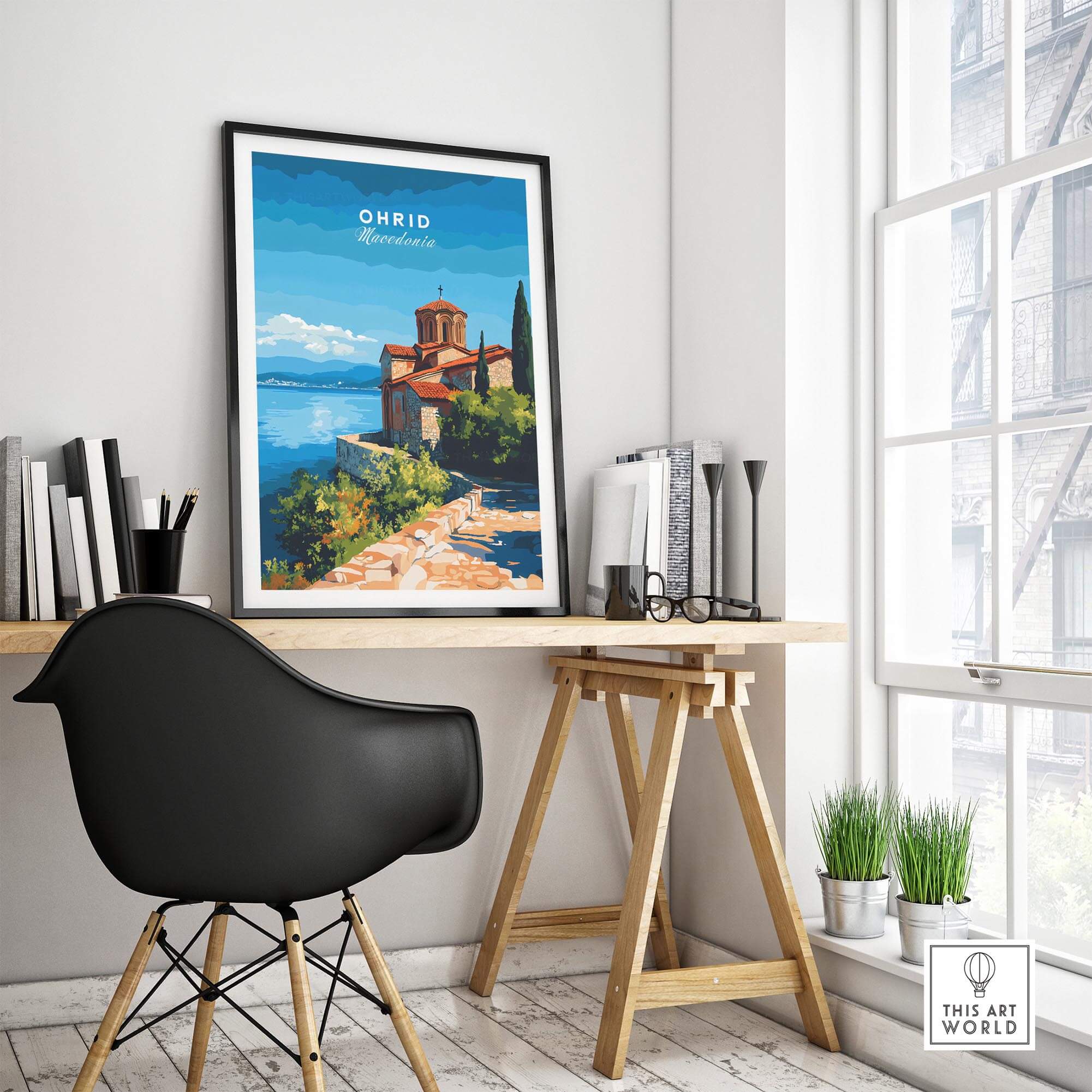 Ohrid Macedonia Travel Print showcasing the picturesque lake and Monastery Saint Naum in a stylish home office setting.