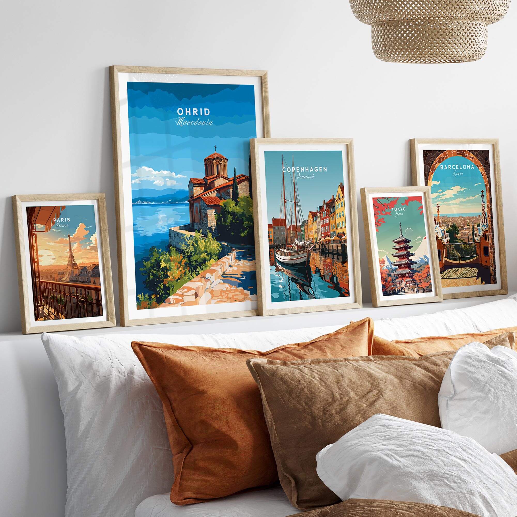 Ohrid Macedonia Travel Print art displayed on a wall featuring picturesque landscapes and vibrant colors.