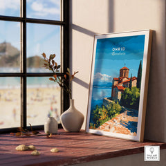 Ohrid Macedonia Travel Print vibrant wall art featuring Monastery Saint Naum and picturesque lake view.