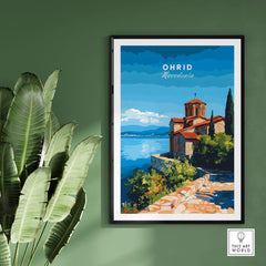 Ohrid Macedonia Travel Print showcasing the Monastery Saint Naum by the lake with vibrant colors and stunning landscapes.