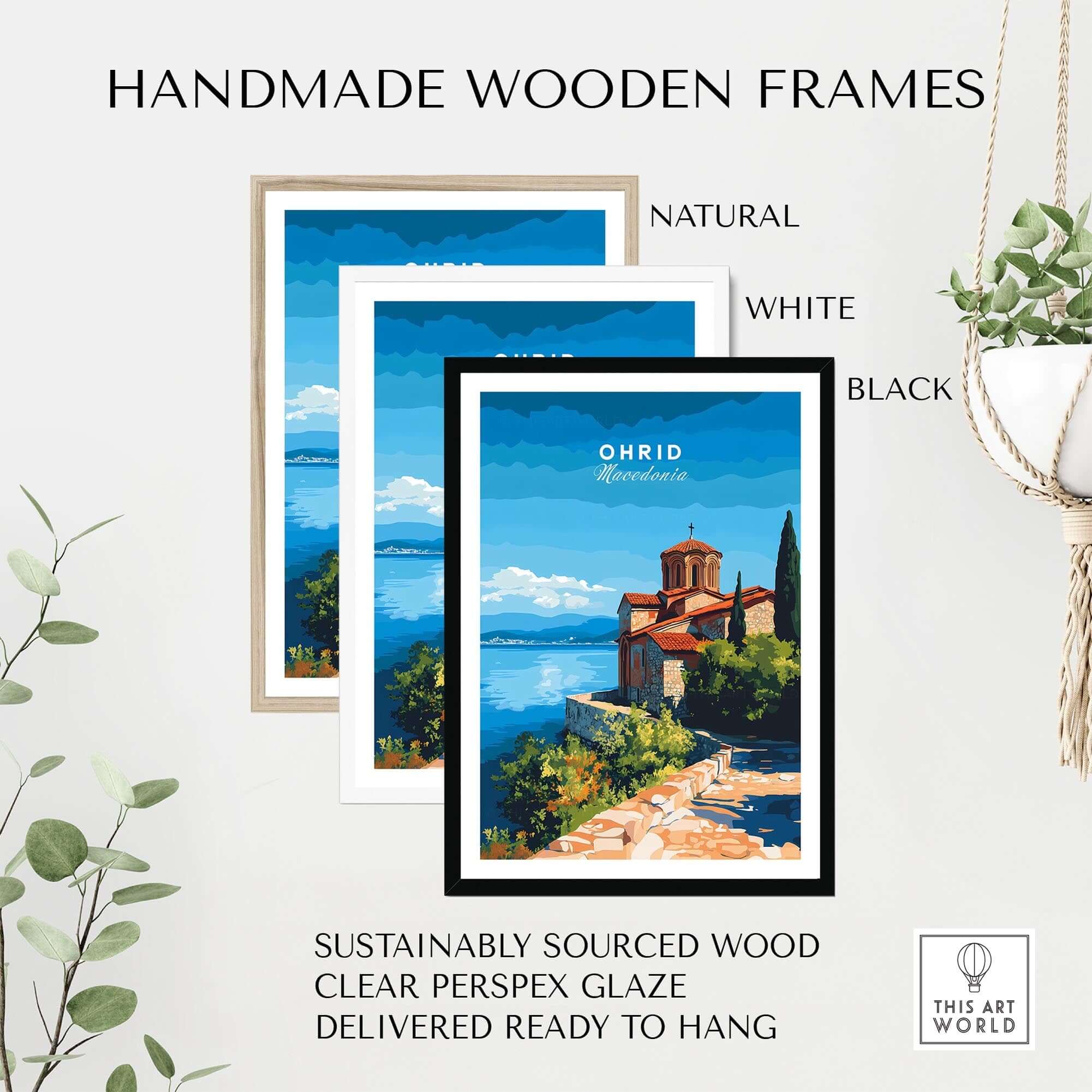 Ohrid Macedonia Travel Print displayed in handmade wooden frames: natural, white, and black options.