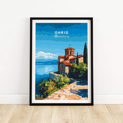 Ohrid Macedonia Travel Print featuring the Monastery Saint Naum and picturesque lake view.
