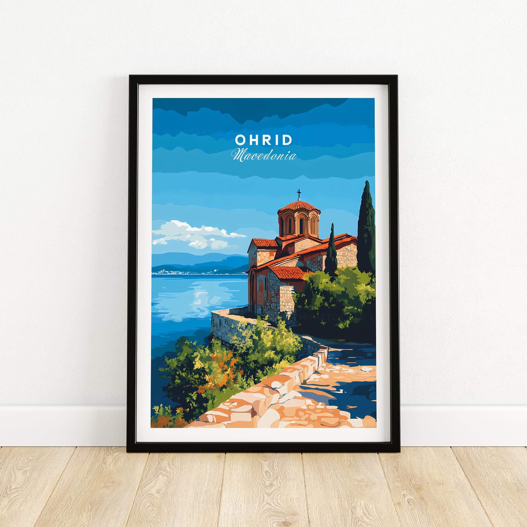 Ohrid Macedonia Travel Print featuring the Monastery Saint Naum and picturesque lake view.