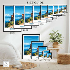 Ohrid Macedonia Wall Art Print size guide showcasing different frame dimensions for home decor options.