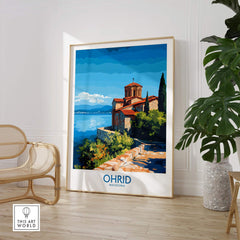 Ohrid Macedonia Wall Art Print showcasing the monastery and lake in a vibrant, artistic style.