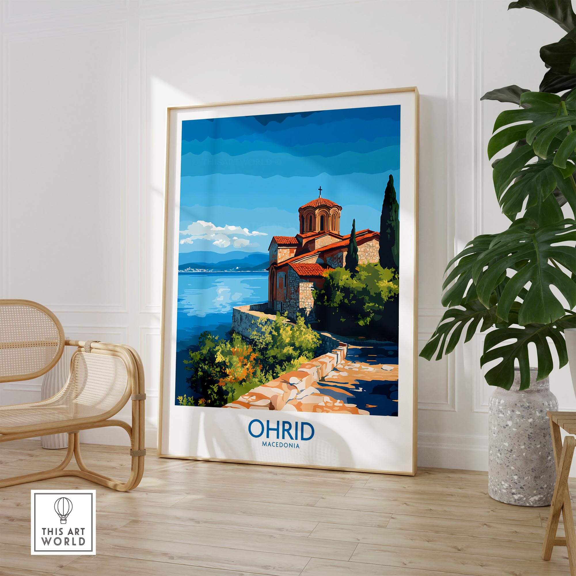 Ohrid Macedonia Wall Art Print showcasing the monastery and lake in a vibrant, artistic style.