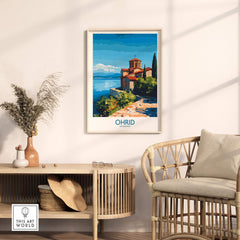 Ohrid Macedonia Wall Art Print showcasing Monastery Saint Naum and the serene lake in a stylish home interior setting.