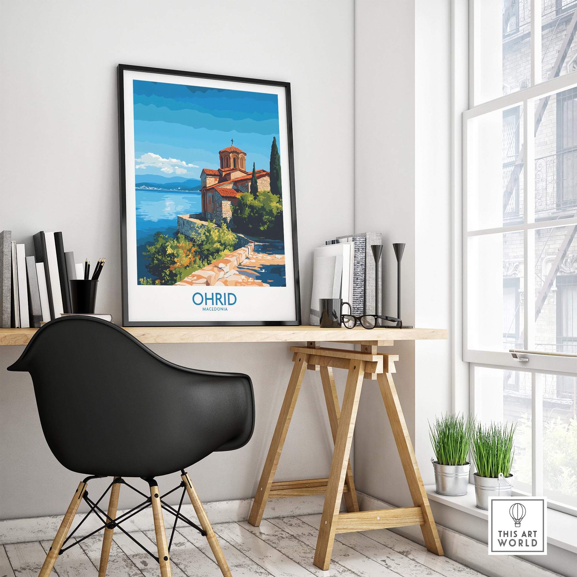 Ohrid Macedonia Wall Art Print showcasing the Monastery Saint Naum in a stylish home office setting.