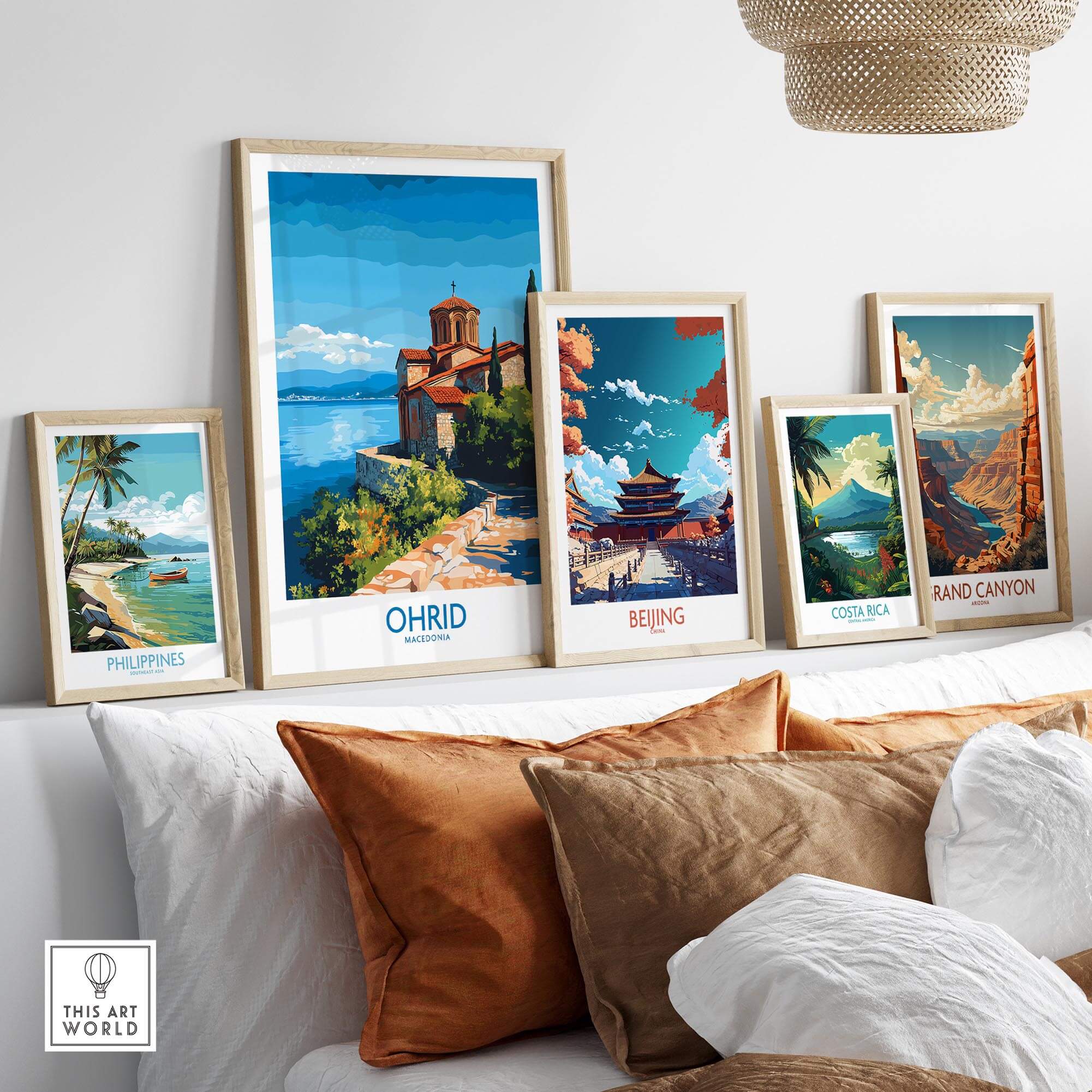 Ohrid Macedonia Wall Art Print displayed among travel posters in a stylish home setting.