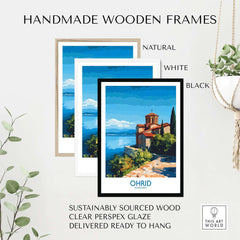 Ohrid Macedonia Wall Art Print in handmade wooden frames, available in natural, white, and black finishes.
