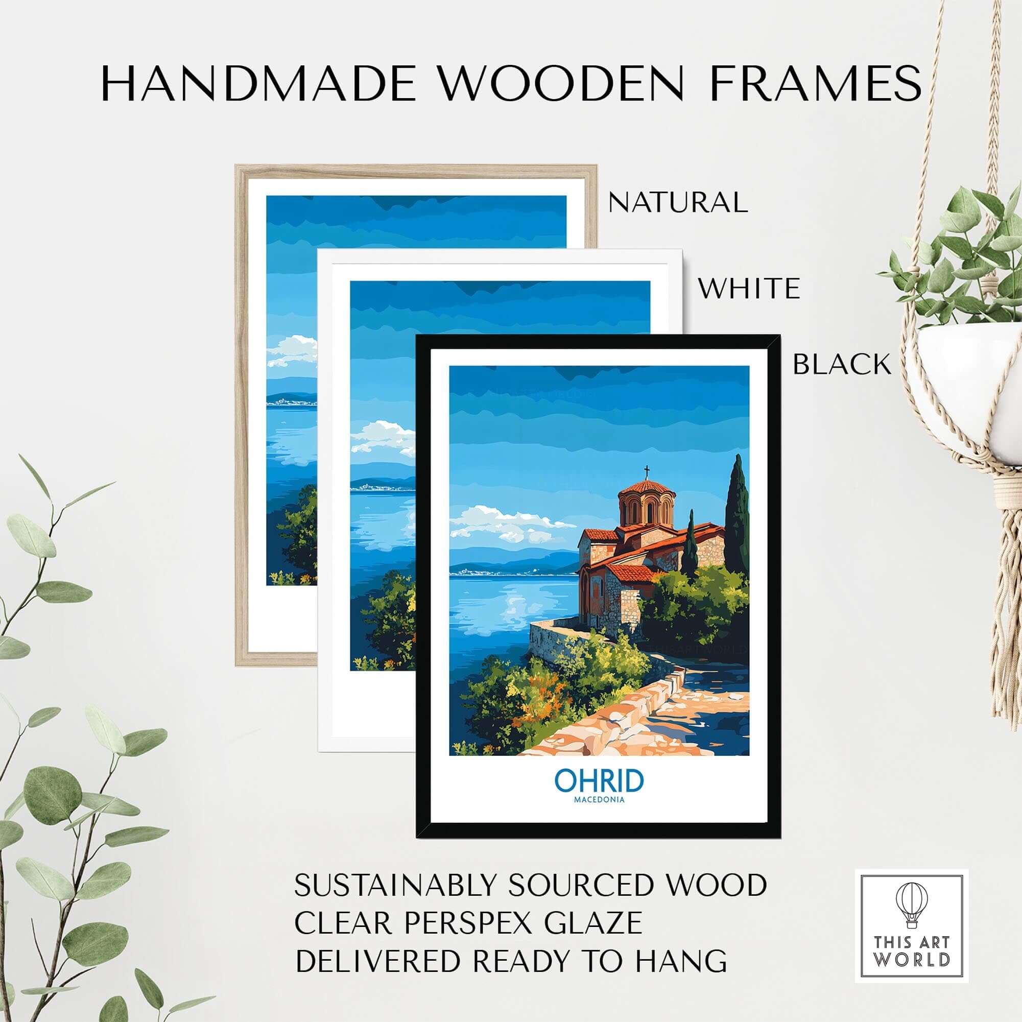 Ohrid Macedonia Wall Art Print in handmade wooden frames, available in natural, white, and black finishes.
