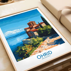 Ohrid Macedonia Wall Art Print featuring Saint Naum Monastery and scenic lake view, perfect for home decor.