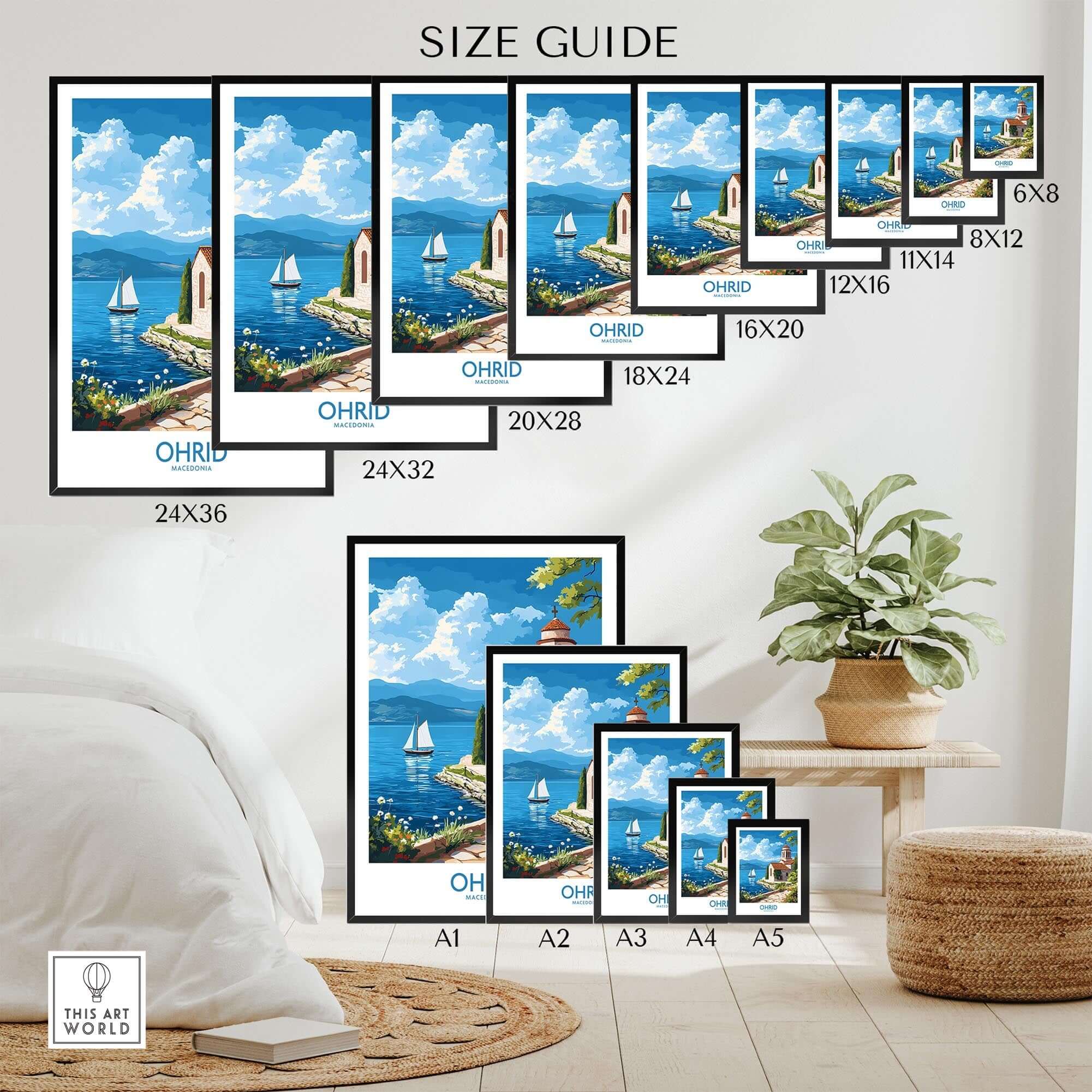 Ohrid Poster Macedonia size guide showcasing various print dimensions and serene lake scenery.