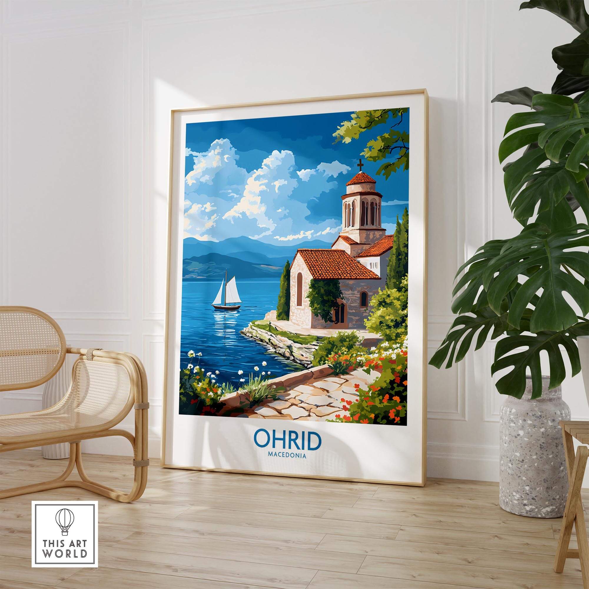Ohrid Poster Macedonia featuring a scenic view of Ohrid lake and a church surrounded by nature.