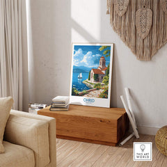 Ohrid Poster Macedonia wall art displayed in a cozy room, showcasing serene beauty of Ohrid lake.
