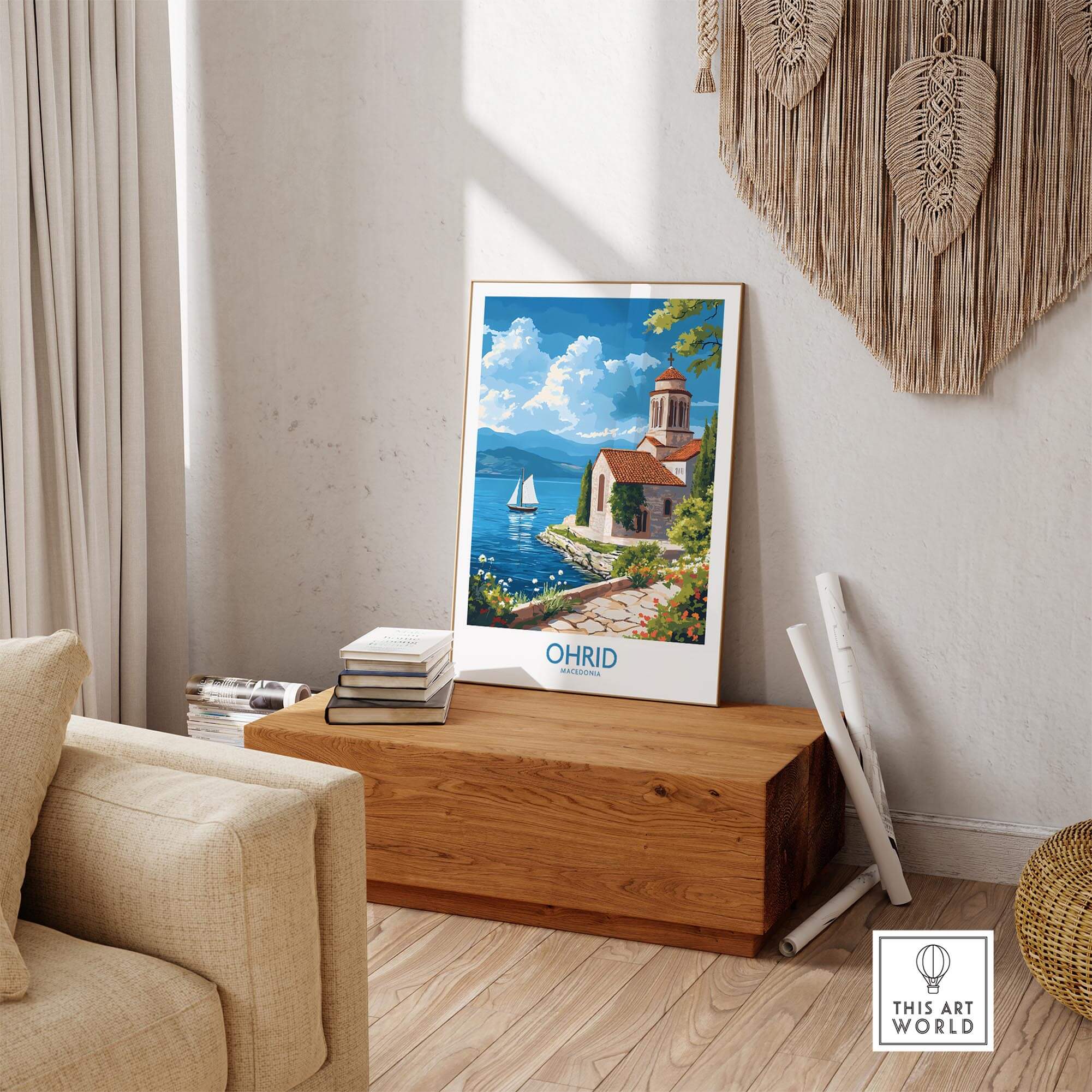 Ohrid Poster Macedonia wall art displayed in a cozy room, showcasing serene beauty of Ohrid lake.
