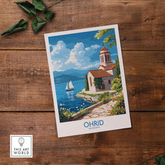 Ohrid Poster Macedonia showcasing the scenic beauty of Ohrid lake with a charming lakeside view and vibrant colors.