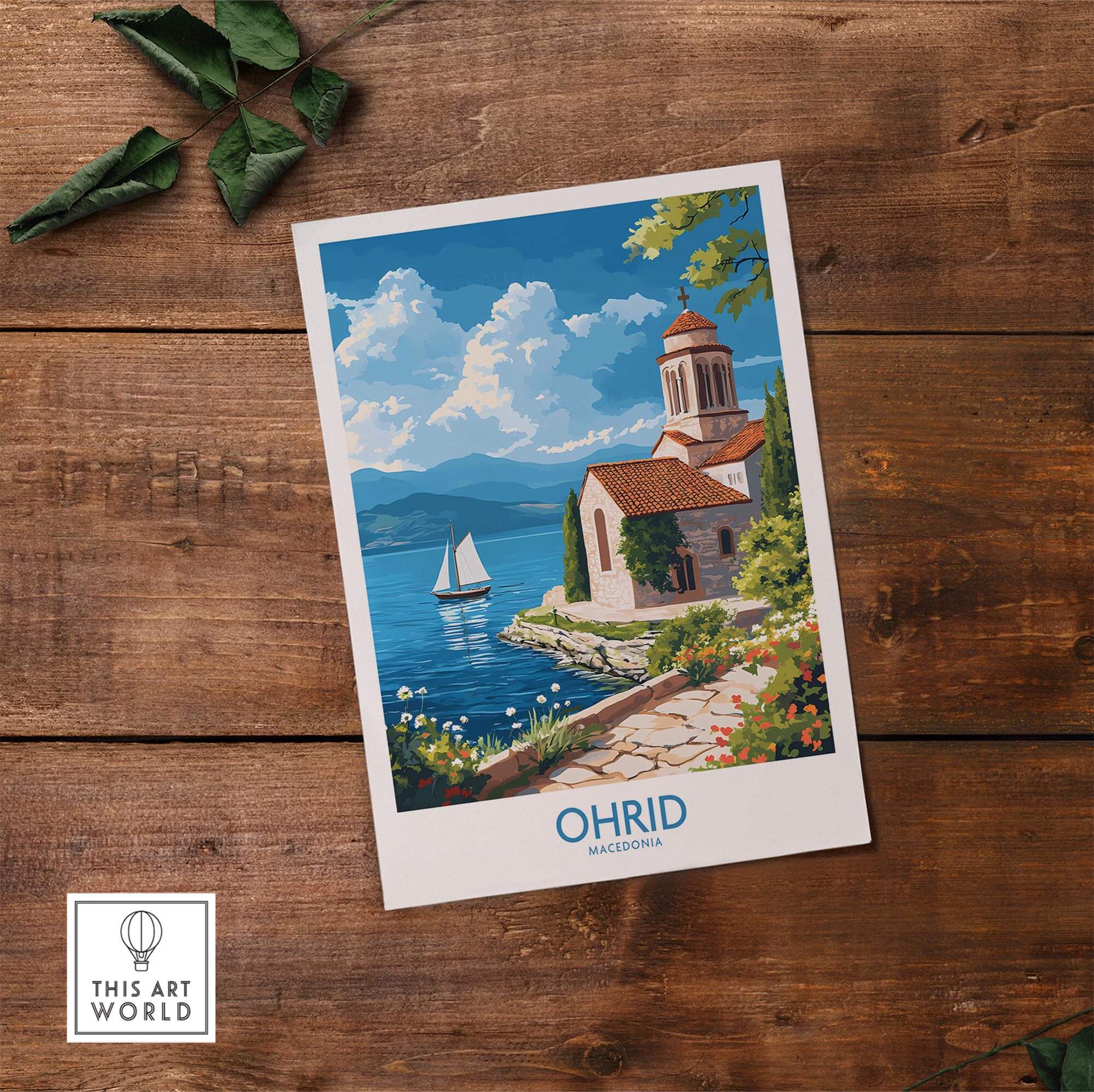 Ohrid Poster Macedonia showcasing the scenic beauty of Ohrid lake with a charming lakeside view and vibrant colors.
