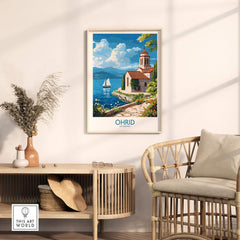 Ohrid Poster Macedonia displayed in a stylish room with lake view and sailboat, perfect wall art for nature lovers.