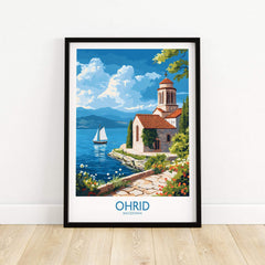 Ohrid Poster Macedonia showcasing the scenic Ohrid lake and historic architecture in vibrant colors.