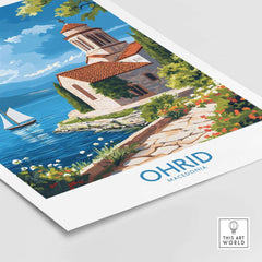 Ohrid Poster Macedonia showcasing the serene beauty of Ohrid lake with vibrant colors and picturesque scenery.