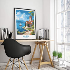 Ohrid Poster Macedonia displayed in a modern workspace, showcasing the beauty of Ohrid lake.