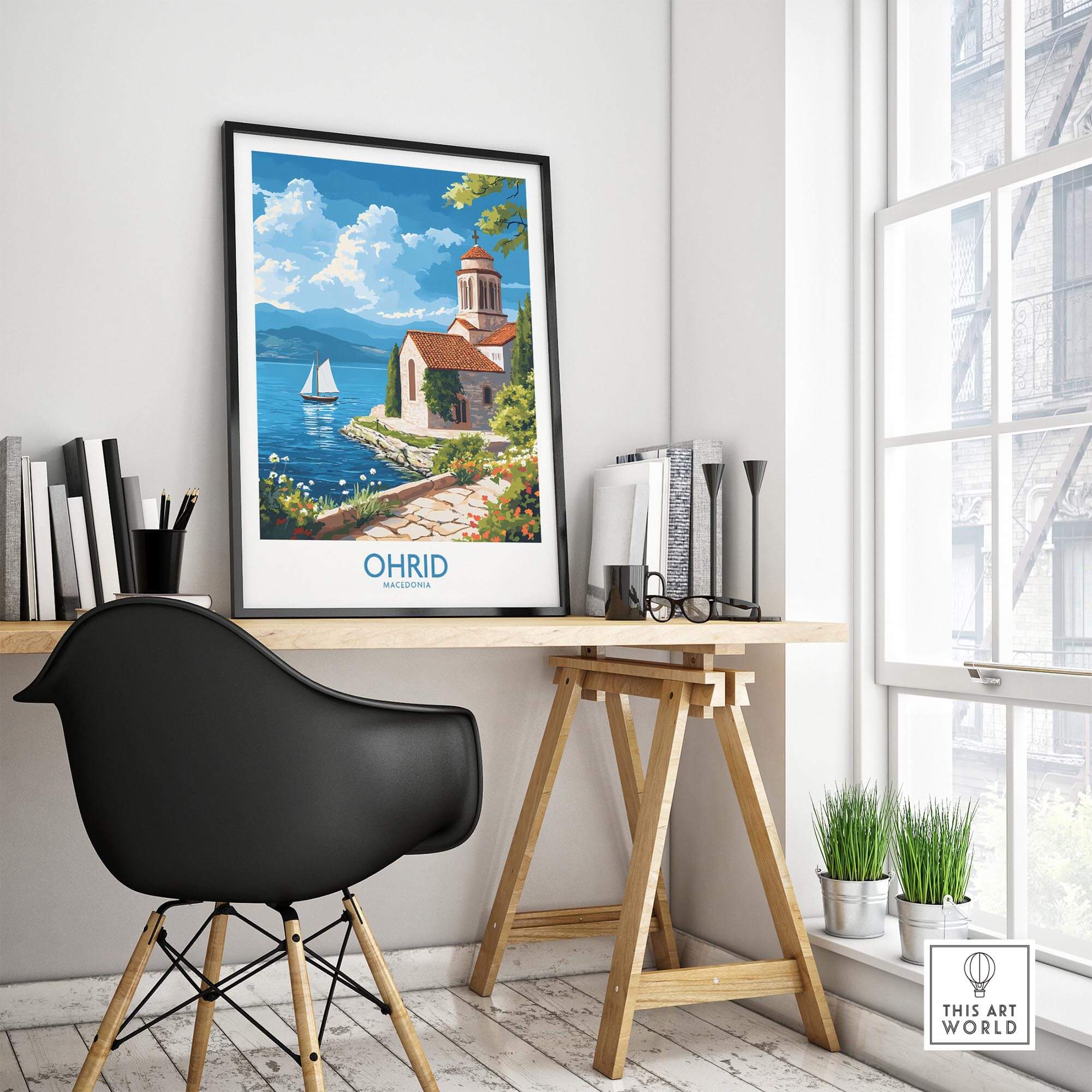 Ohrid Poster Macedonia displayed in a modern workspace, showcasing the beauty of Ohrid lake.