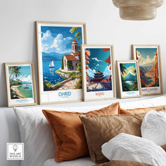 Ohrid Poster Macedonia displayed among other travel posters in a cozy interior setting.