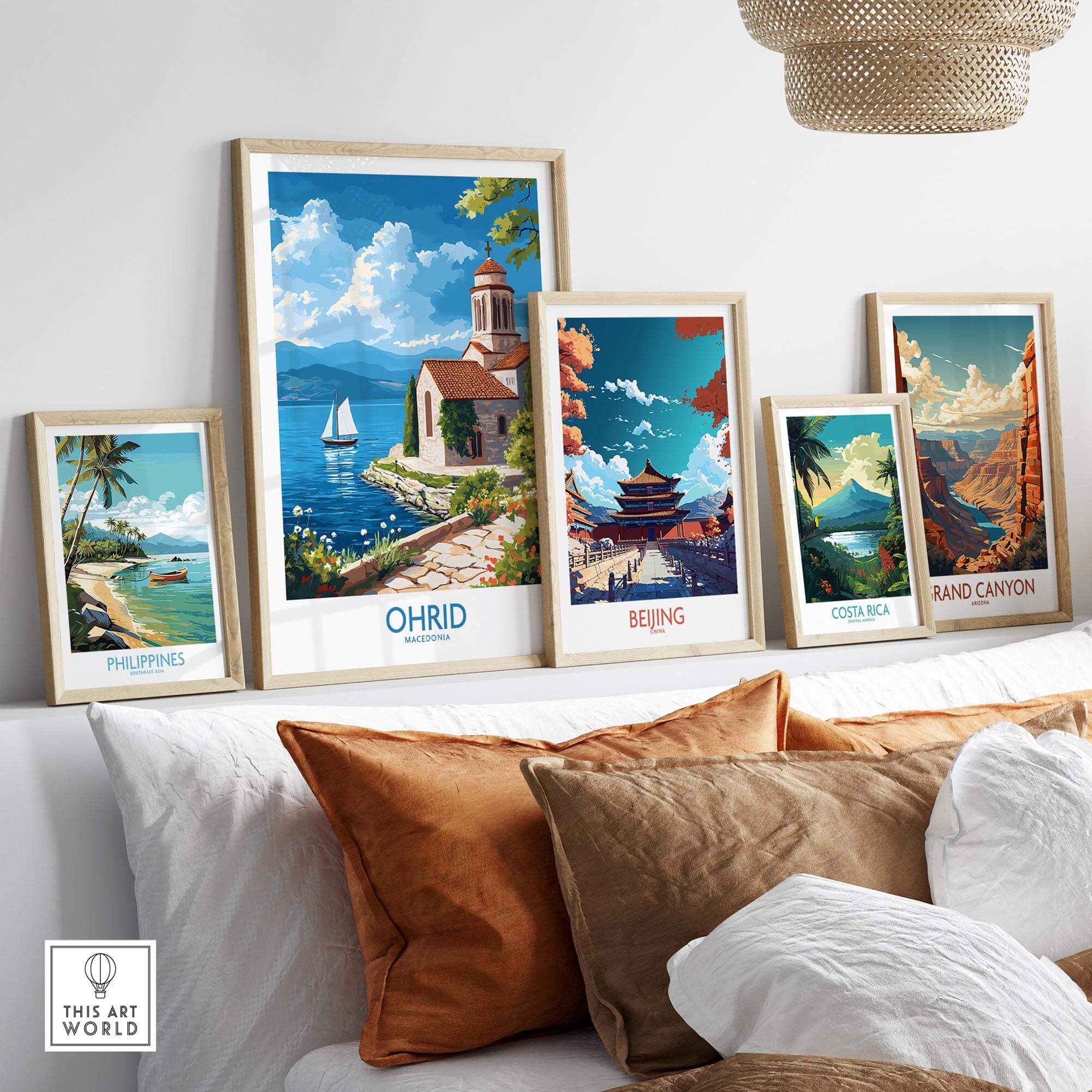 Ohrid Poster Macedonia displayed among other travel posters in a cozy interior setting.