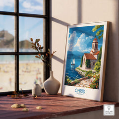 Ohrid Poster Macedonia displayed in a cozy room with lake and beach view, showcasing stunning Macedonian scenery.