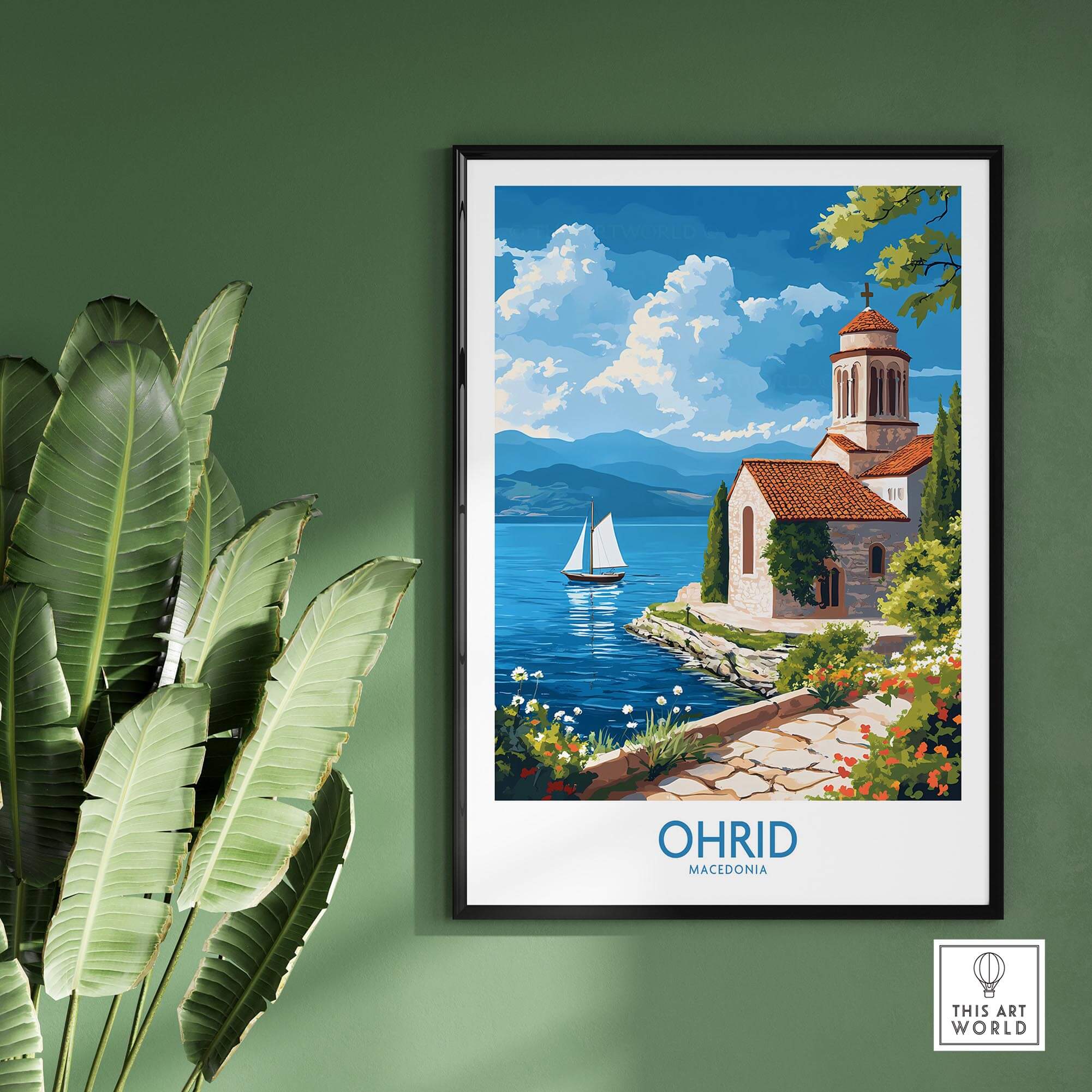 Ohrid Poster Macedonia showcasing scenic Ohrid lake with picturesque landscape and a sailing boat.