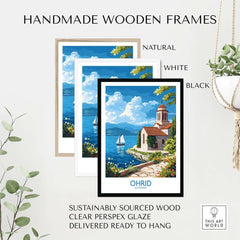 Handmade wooden frames showcasing Ohrid Poster Macedonia in natural, white, and black colors for wall art.