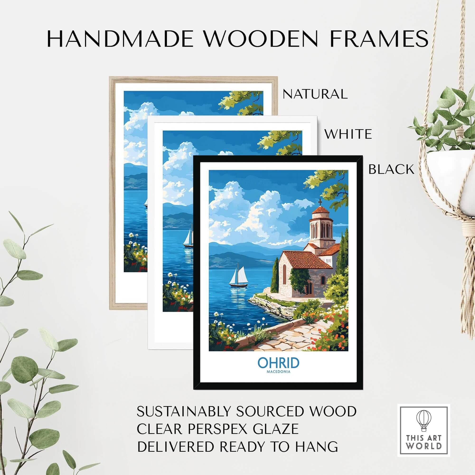 Handmade wooden frames showcasing Ohrid Poster Macedonia in natural, white, and black colors for wall art.