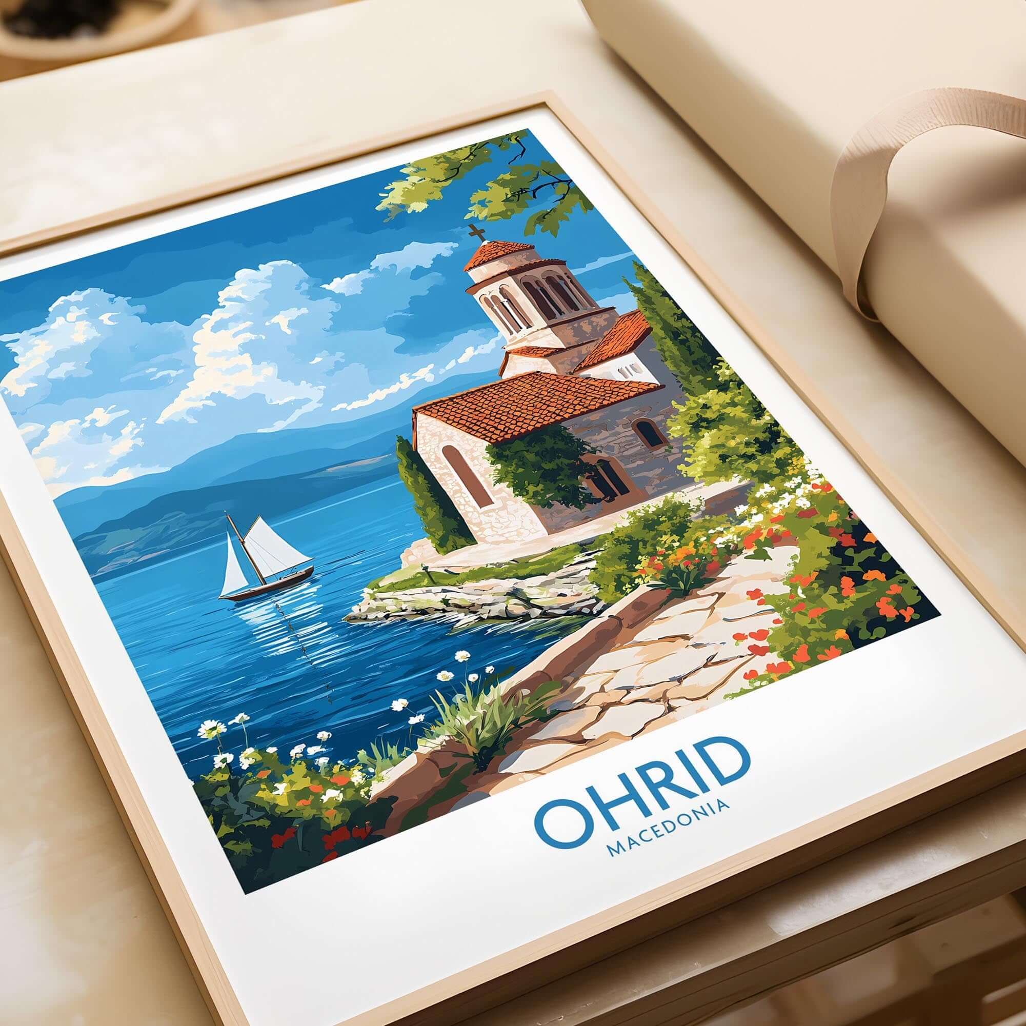 Ohrid Poster Macedonia showcasing serene lakeside scenery and picturesque architecture.