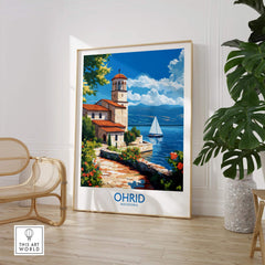 Ohrid Travel Poster showcasing beautiful Lake Ohrid and its stunning landscapes in Macedonia.