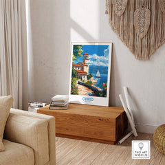 Ohrid Travel Poster showcasing Lake Ohrid's beauty in a stylish home setting with natural light.