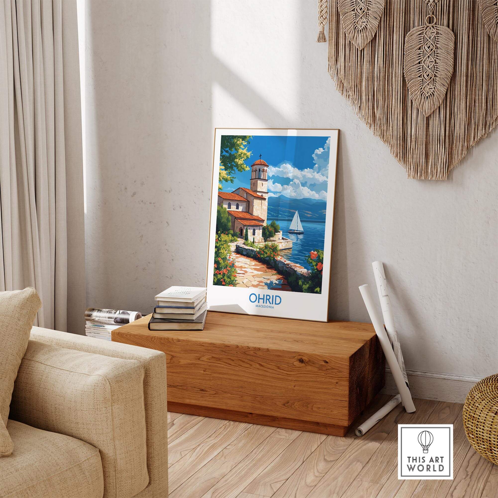 Ohrid Travel Poster showcasing Lake Ohrid's beauty in a stylish home setting with natural light.