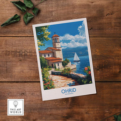Ohrid Travel Poster featuring a serene lakeside scene with a tower and boat in Macedonia.