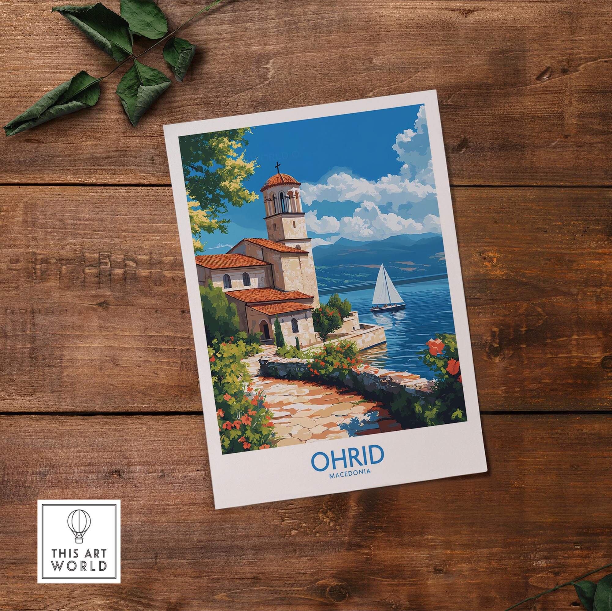Ohrid Travel Poster featuring a serene lakeside scene with a tower and boat in Macedonia.