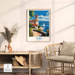 Ohrid Travel Poster featuring stunning lake view and scenic coastline of Macedonia.