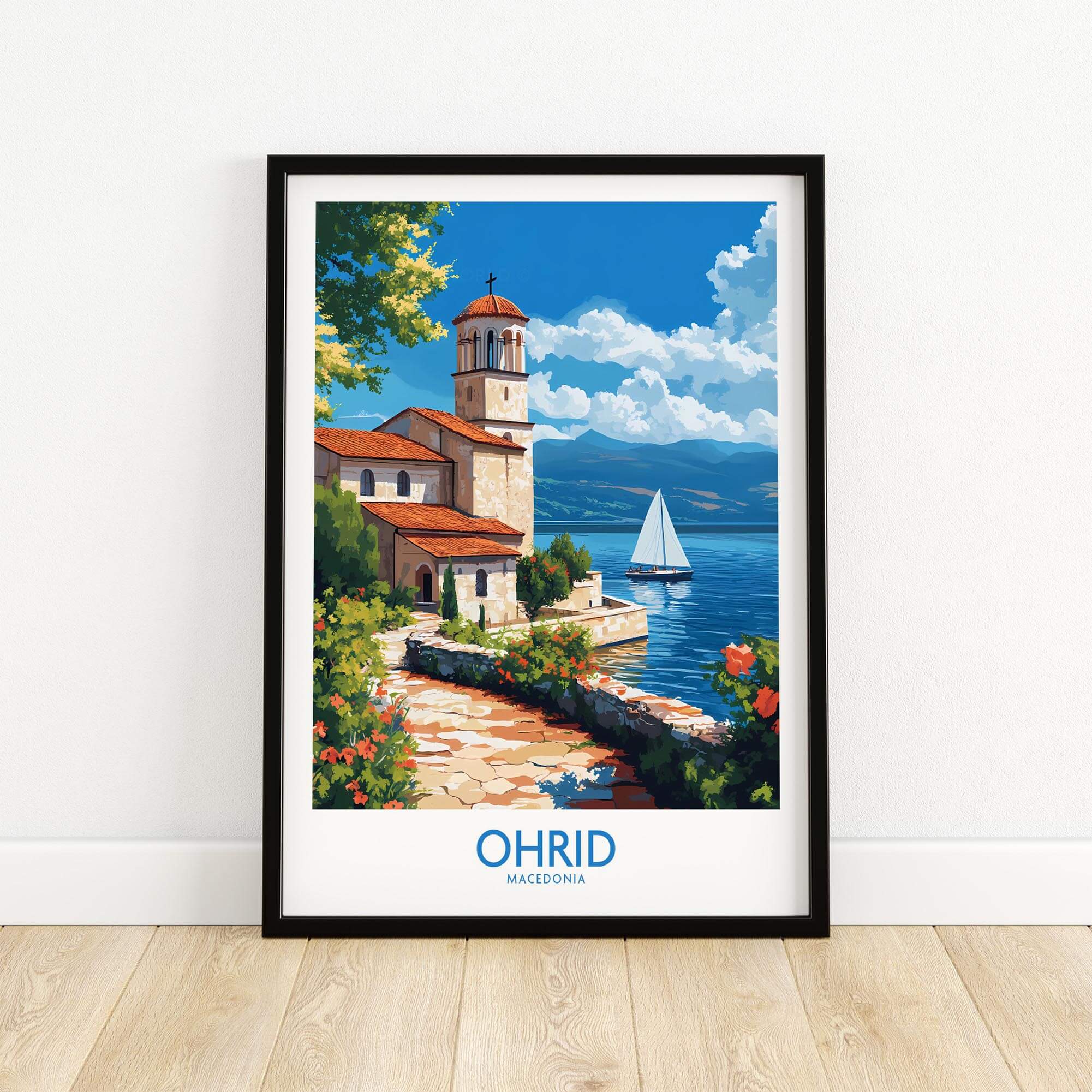 Ohrid Travel Poster showcasing Lake Ohrid's beauty with a charming church and sailboat in Macedonia.